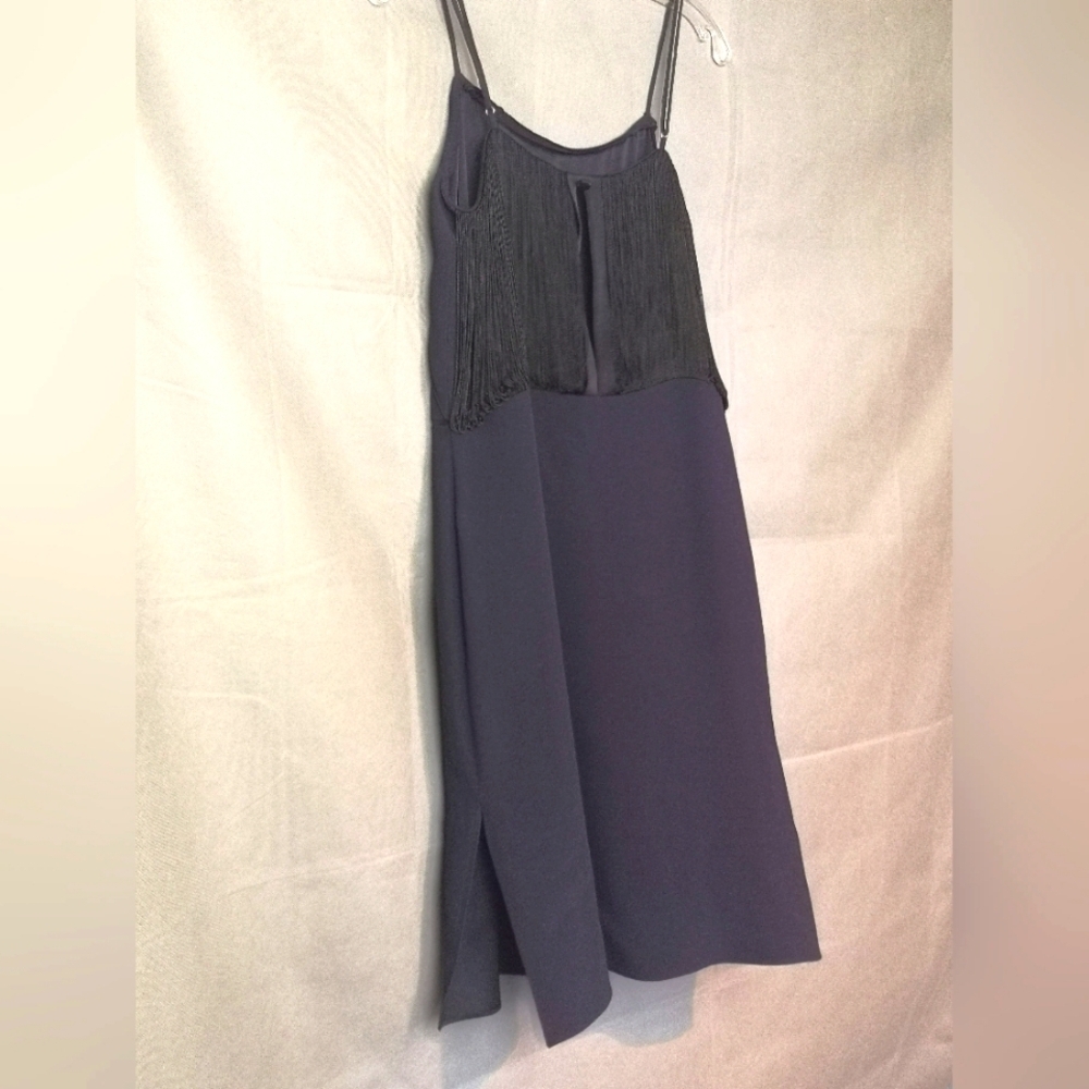 Vintage 20s Inspired NAVY Adam Lippes Fringe Cut Out Midi length Slip Dress